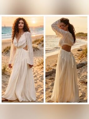 Bohemian Cream Lace Cutout Maxi Dress